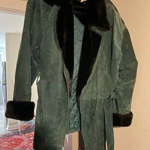 Coldwater Creek Women's Dark Green Suede Coat with Faux Fur Trim